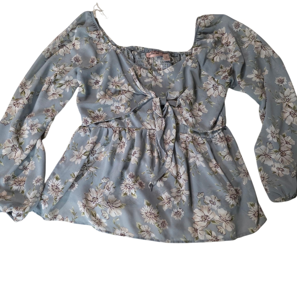 Willow Gray and Blue Smocked Tie Front Blouse